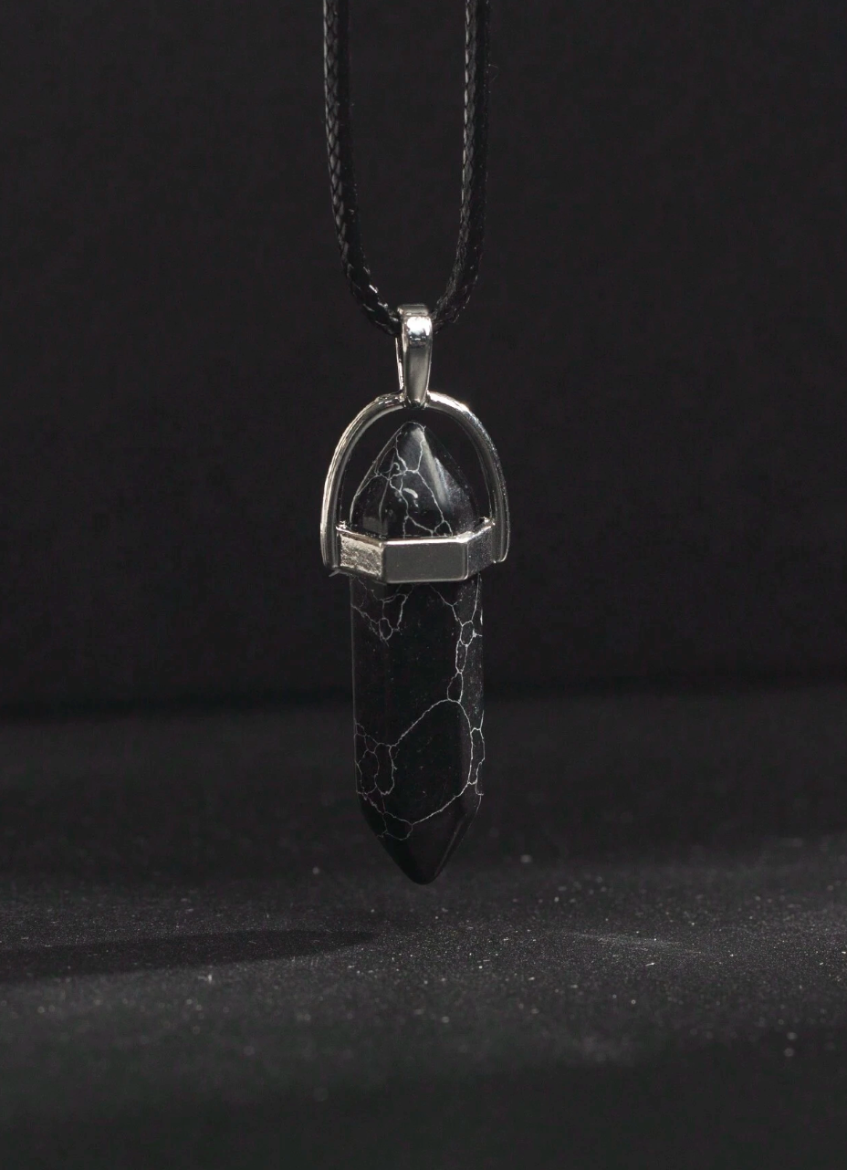Hexagonal Crystal Pendant Necklace: Gemstone Quartz on Black Leather Cord