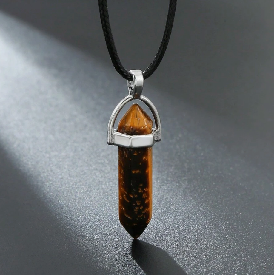 Hexagonal Crystal Pendant Necklace: Gemstone Quartz on Black Leather Cord