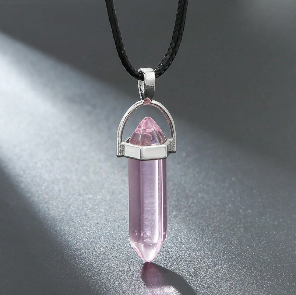 Hexagonal Crystal Pendant Necklace: Gemstone Quartz on Black Leather Cord