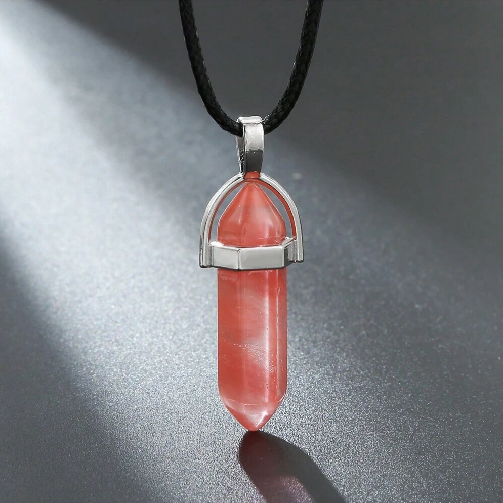 Hexagonal Crystal Pendant Necklace: Gemstone Quartz on Black Leather Cord