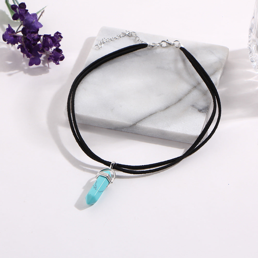 Hexagonal Crystal Pendant Necklace: Gemstone Quartz on Black Leather Cord