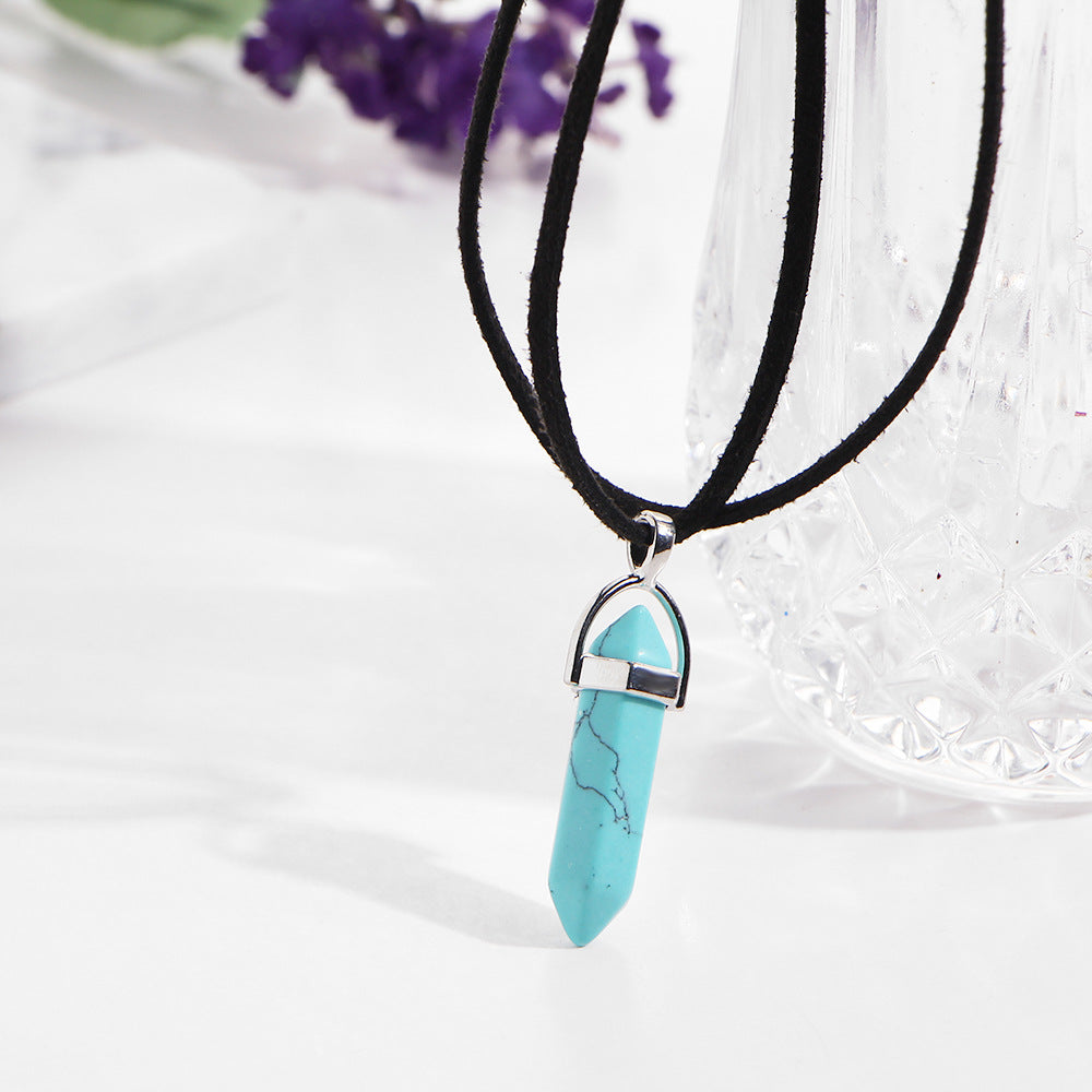 Hexagonal Crystal Pendant Necklace: Gemstone Quartz on Black Leather Cord