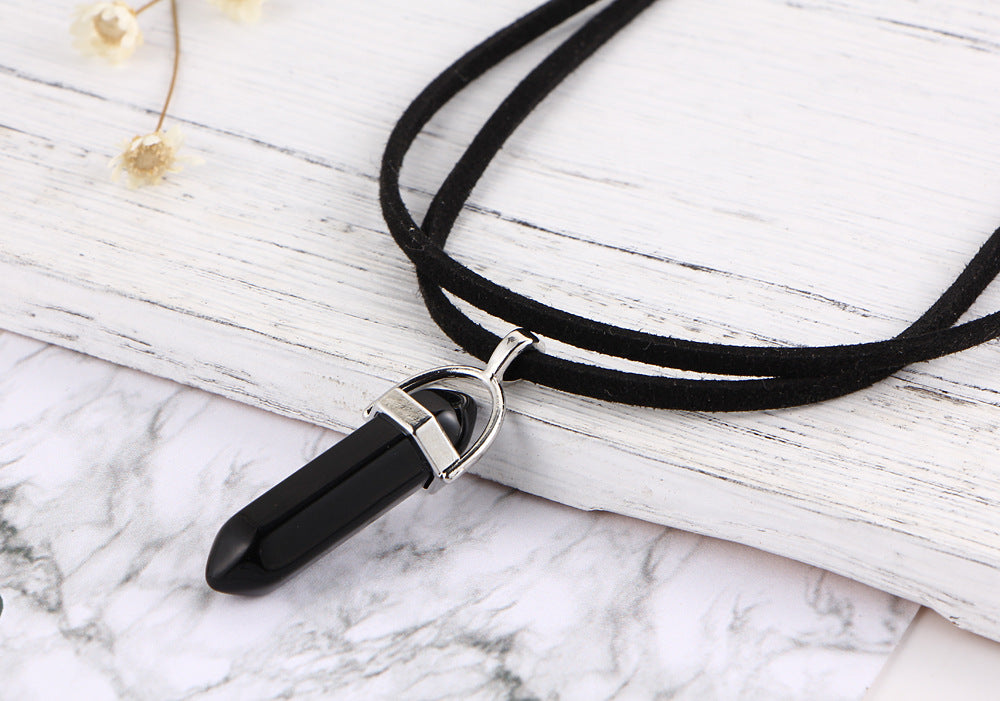 Hexagonal Crystal Pendant Necklace: Gemstone Quartz on Black Leather Cord
