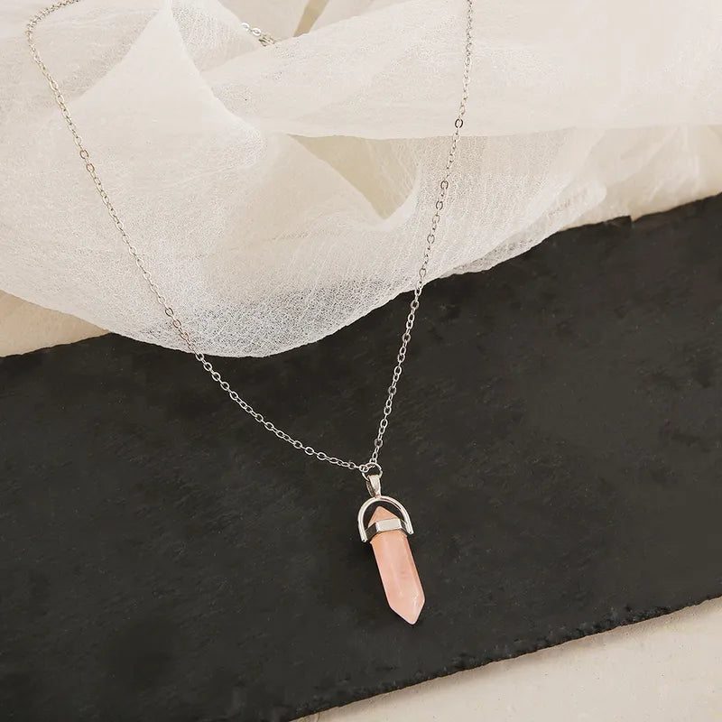 Hexagonal Crystal Pendant Necklace: Gemstone Quartz on Black Leather Cord