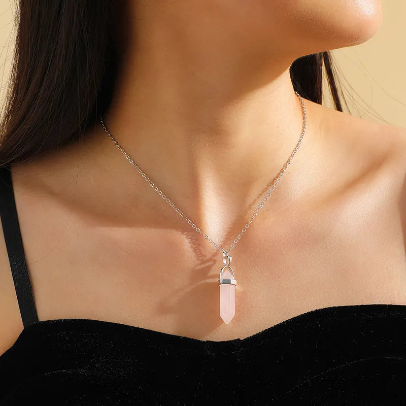 Hexagonal Crystal Pendant Necklace: Gemstone Quartz on Black Leather Cord