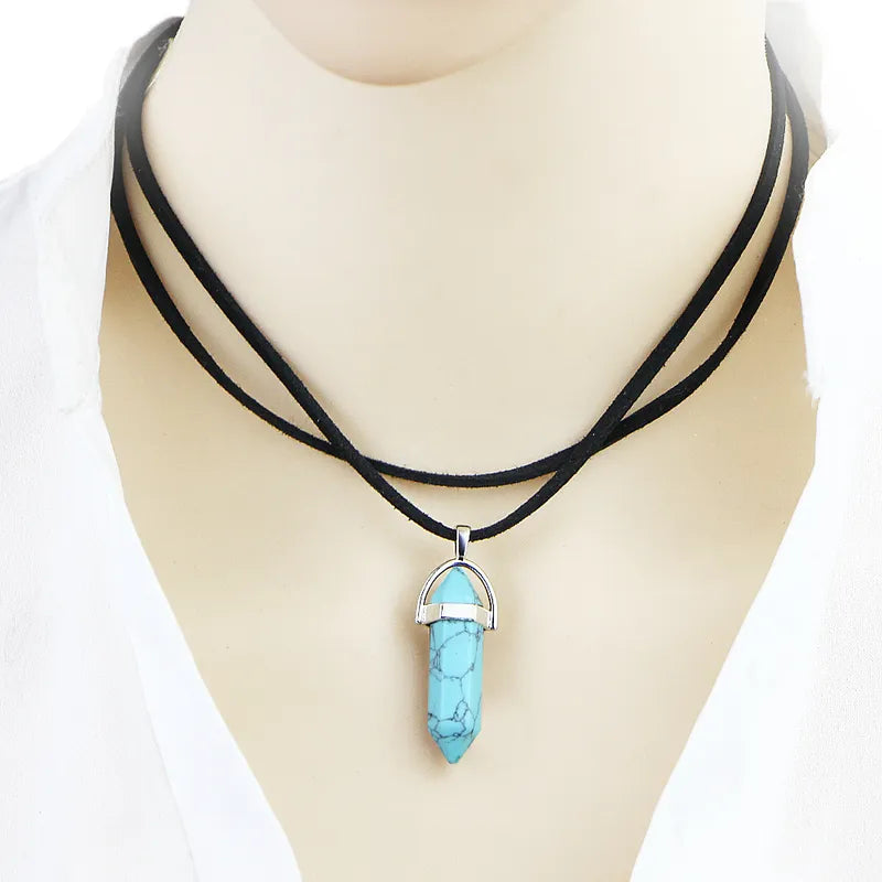 Hexagonal Crystal Pendant Necklace: Gemstone Quartz on Black Leather Cord