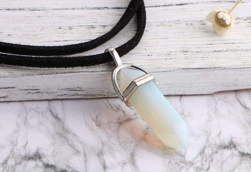 Hexagonal Crystal Pendant Necklace: Gemstone Quartz on Black Leather Cord