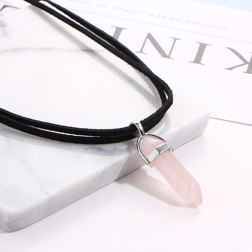 Hexagonal Crystal Pendant Necklace: Gemstone Quartz on Black Leather Cord