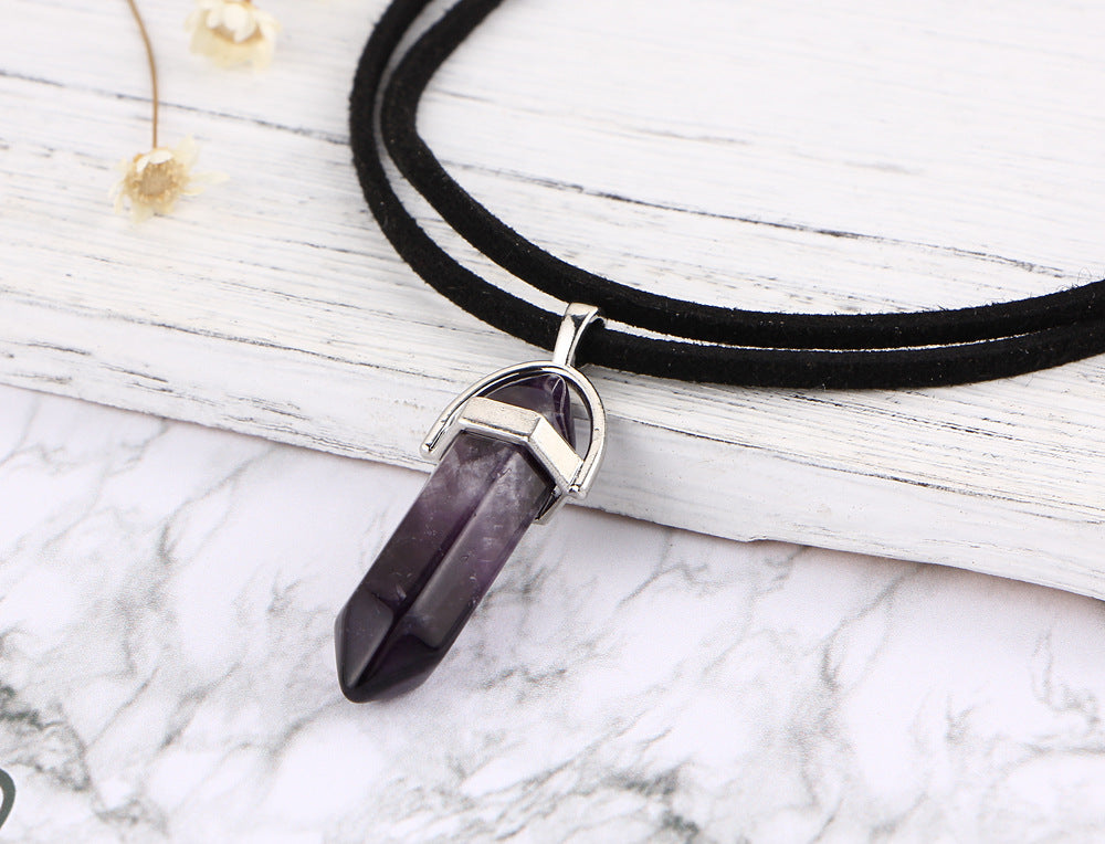 Hexagonal Crystal Pendant Necklace: Gemstone Quartz on Black Leather Cord