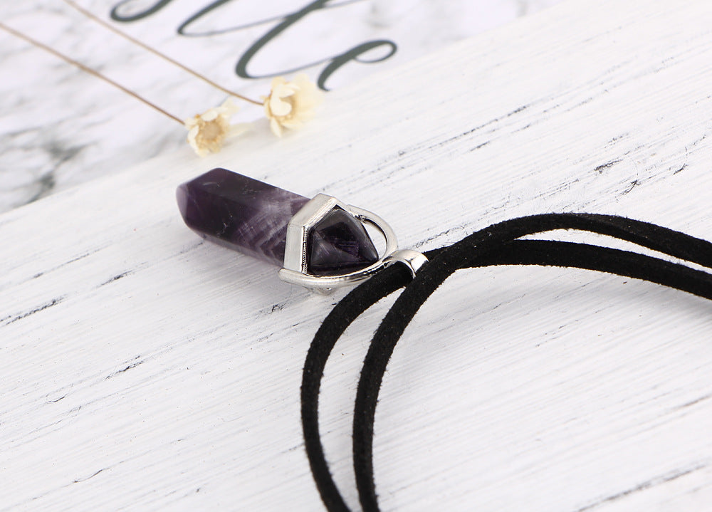 Hexagonal Crystal Pendant Necklace: Gemstone Quartz on Black Leather Cord
