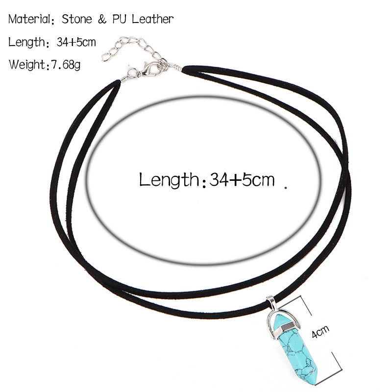 Hexagonal Crystal Pendant Necklace: Gemstone Quartz on Black Leather Cord